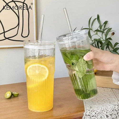 Gobelet verre rayé 600 ml avec couvercle paille
