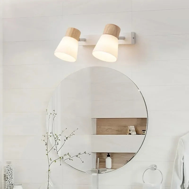 Applique murale nordique en bois LED Double tête lait blanc applique murale en verre pour chambre salon étude salle à manger décor à la maison luminaire - vue 5 sur 10