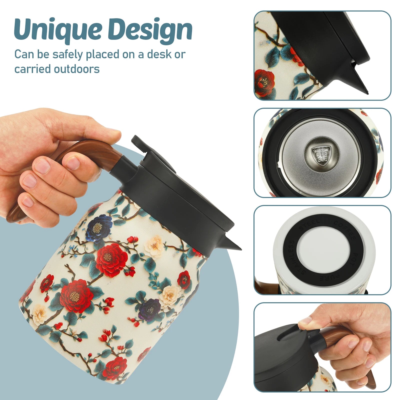 Théière isotherme vintage motif floral acier infuseur thermostat - vue 7 sur 7
