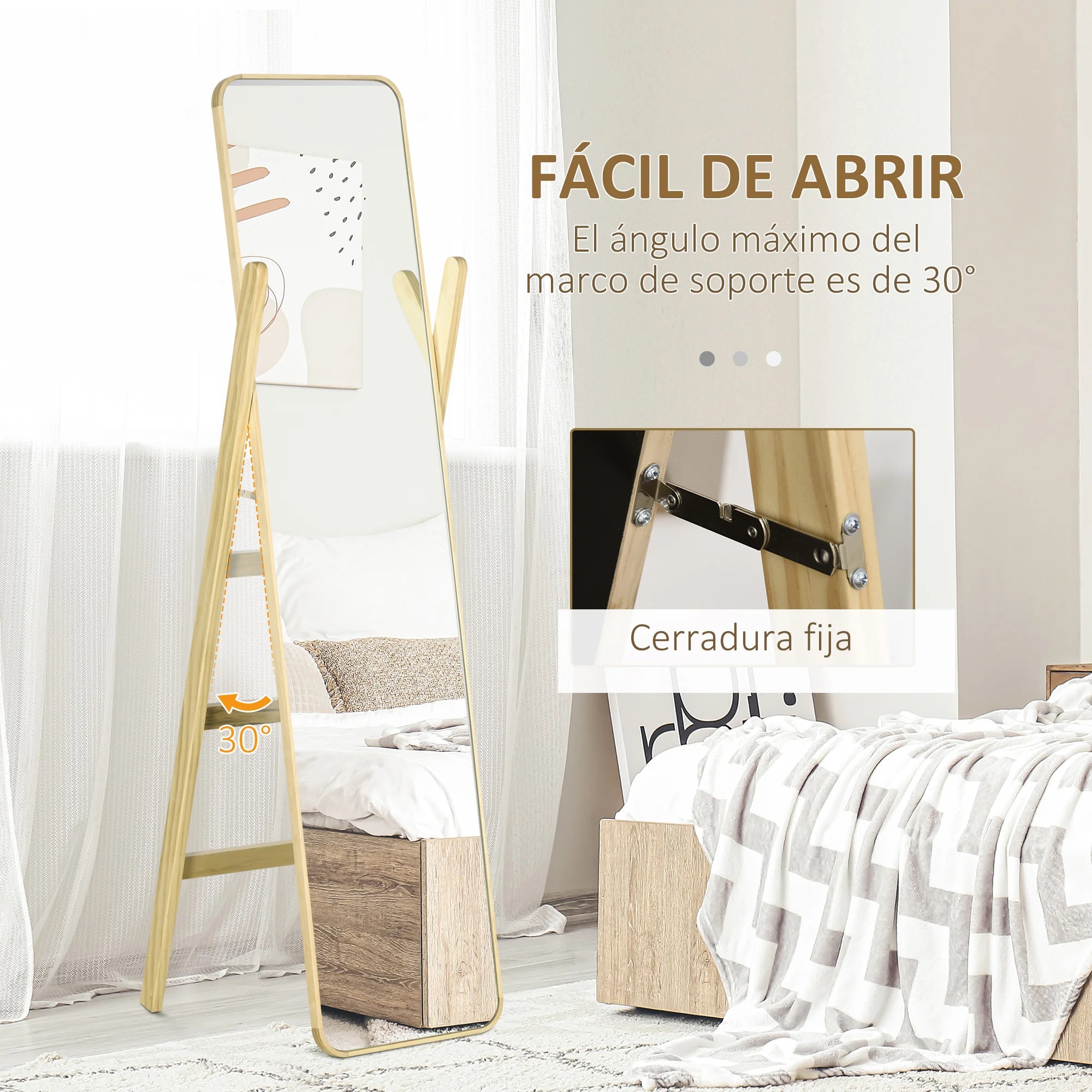 miroir sur pied avec cadre en bois et support élégant - vue 5 sur 7