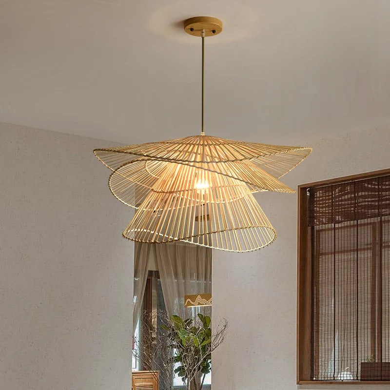 lustre led en bambou rotin créatif pour décoration maison - vue 4 sur 9