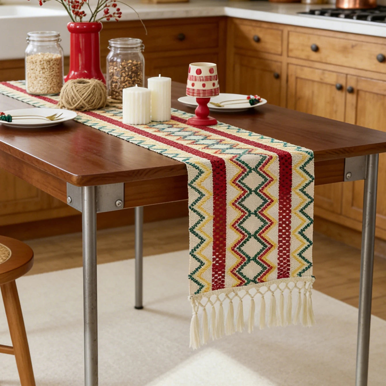 Chemin de table bohème motif aztèque à pompons - vue 5 sur 7