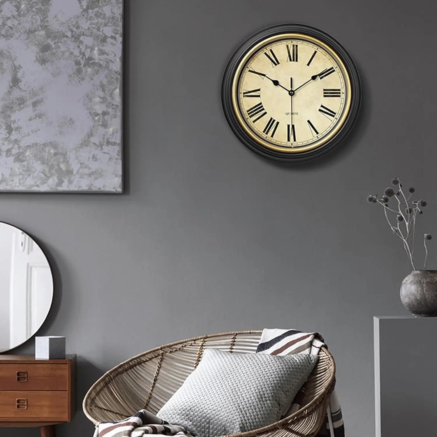 horloge murale vintage silencieuse facile à lire chiffres romains arabes - vue 4 sur 7