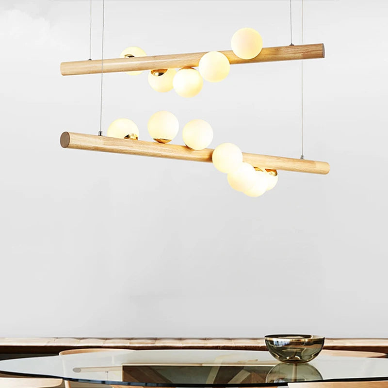 LED longue suspension en bois lumières moderne boule de verre lustre Art Design Luminaire en bois G9 suspension pour éclairage de salle à manger - vue 3 sur 10