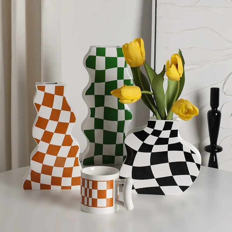 vase en céramique damier pour fleurs séchées décoration élégante - vue 6 sur 10