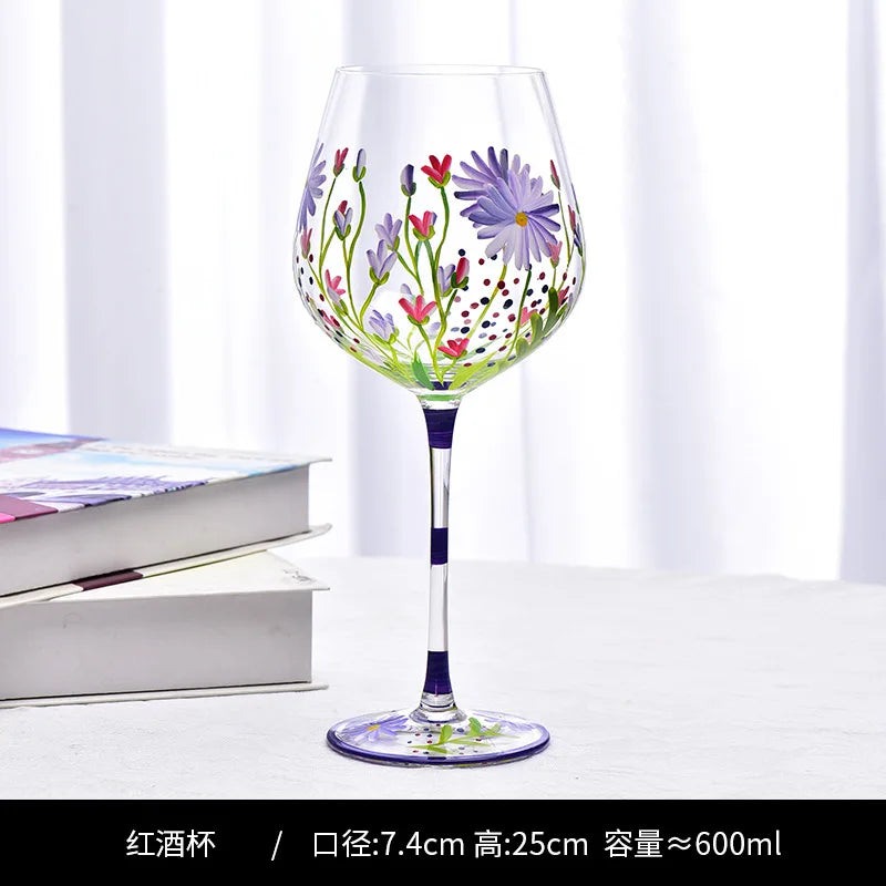 Verres à vin peints main motif floral cristal