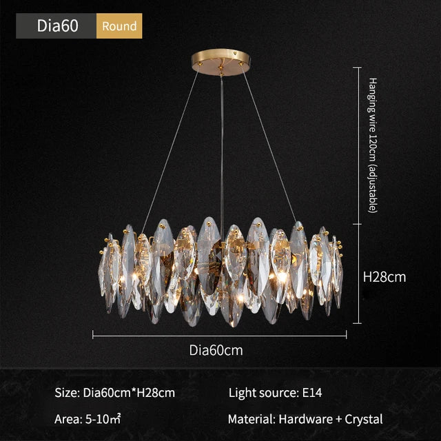 lustre moderne en cristal avec led et suspensions ronds