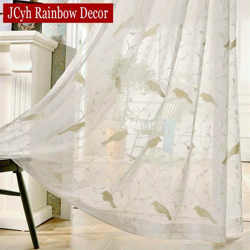 Voilage tulle brodé oiseaux style champêtre pour salon