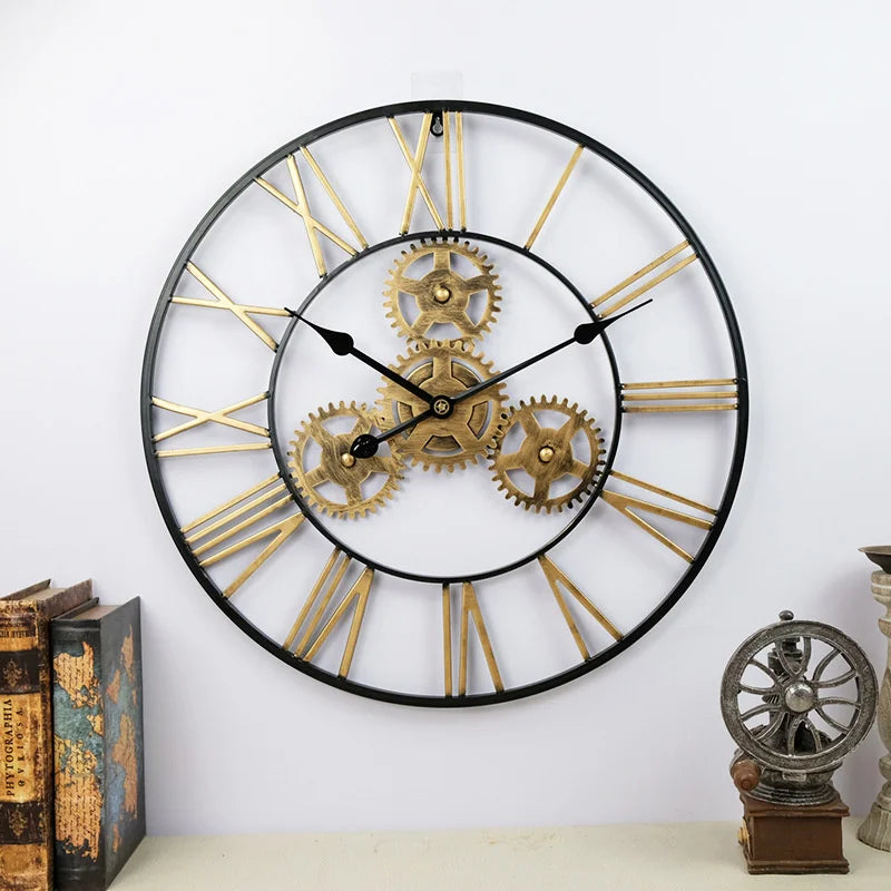 horloge murale rétro 3D luxe grand engrenage décorative artisanale - vue 7 sur 7
