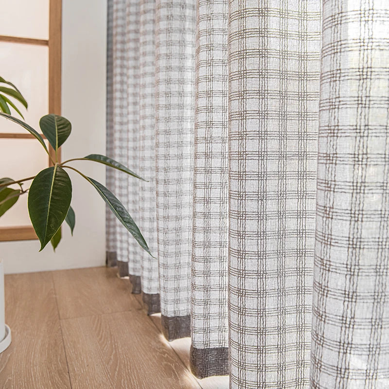 Voilage aspect lin a carreaux pour fenetre salon