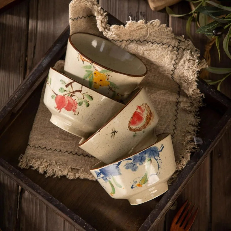Bol ceramique style retro chinois motifs floraux