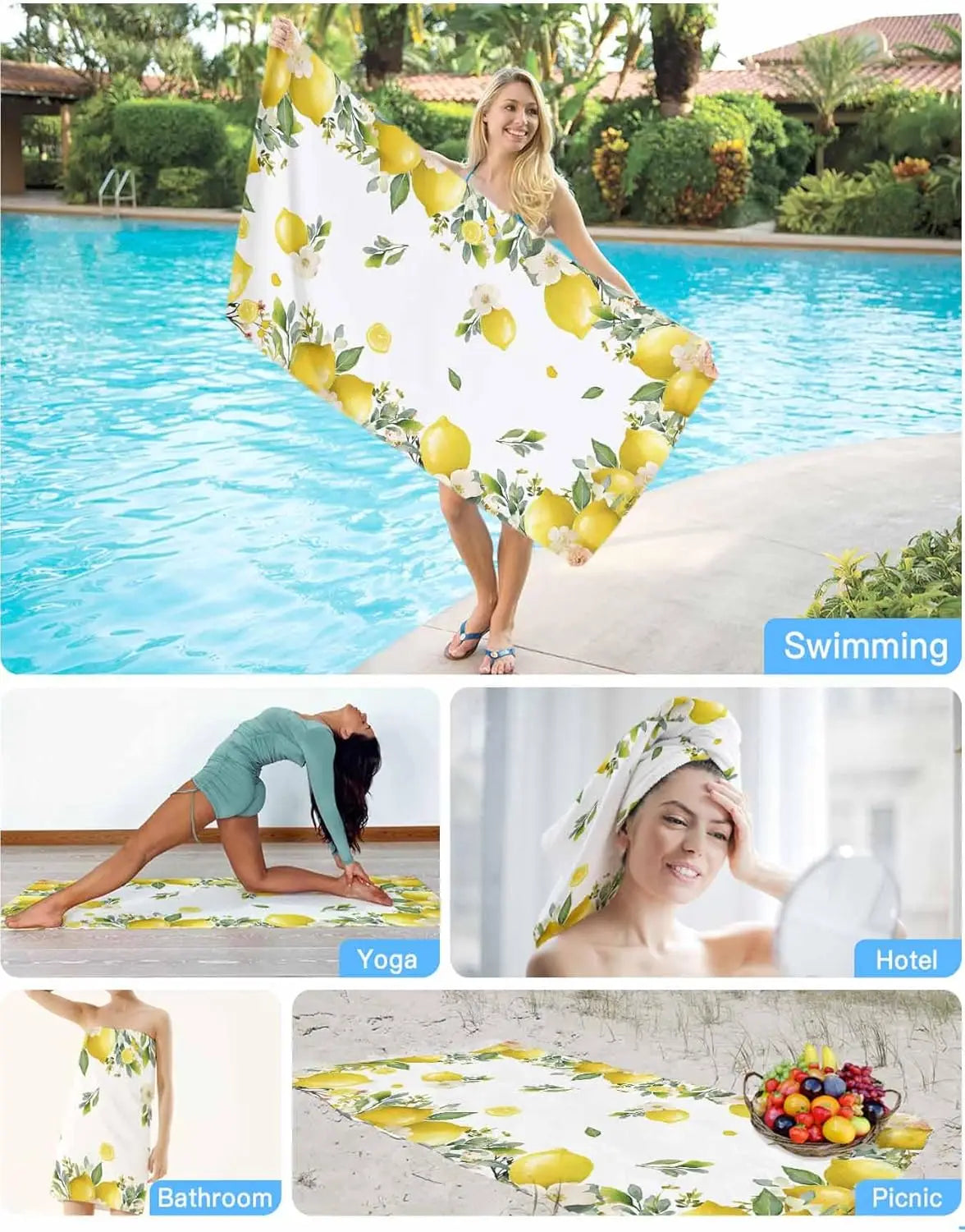 Serviette de bain microfibre motif citron floral plage - vue 6 sur 6