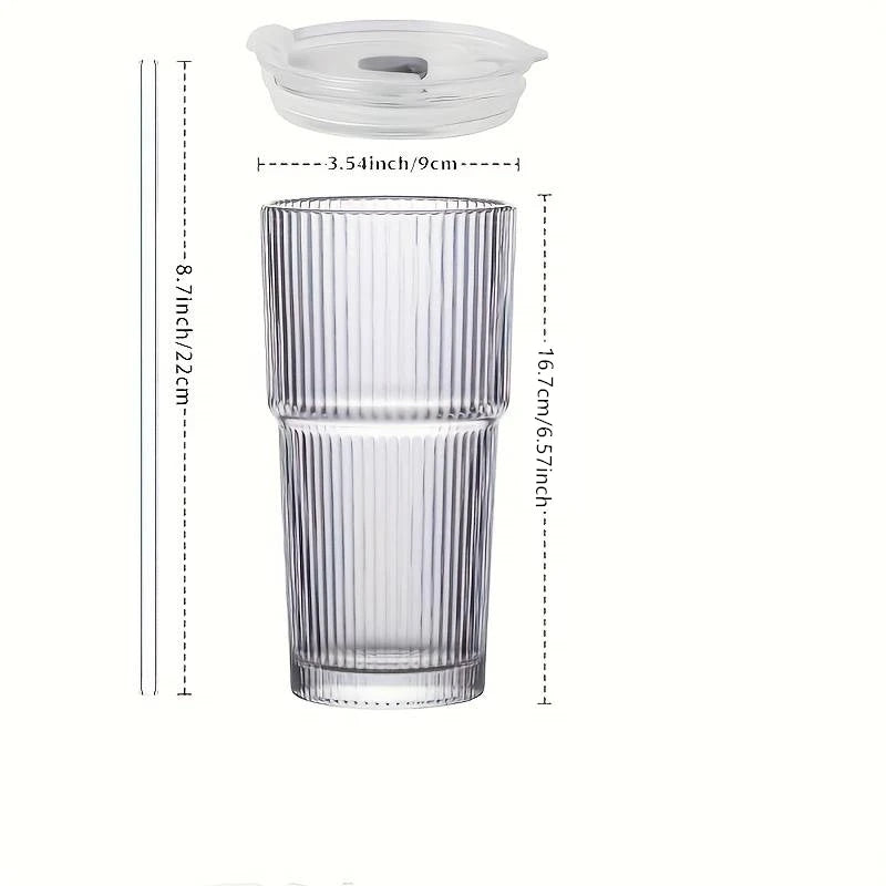 Grande tasse verre rayé avec couvercle et paille - vue 7 sur 7