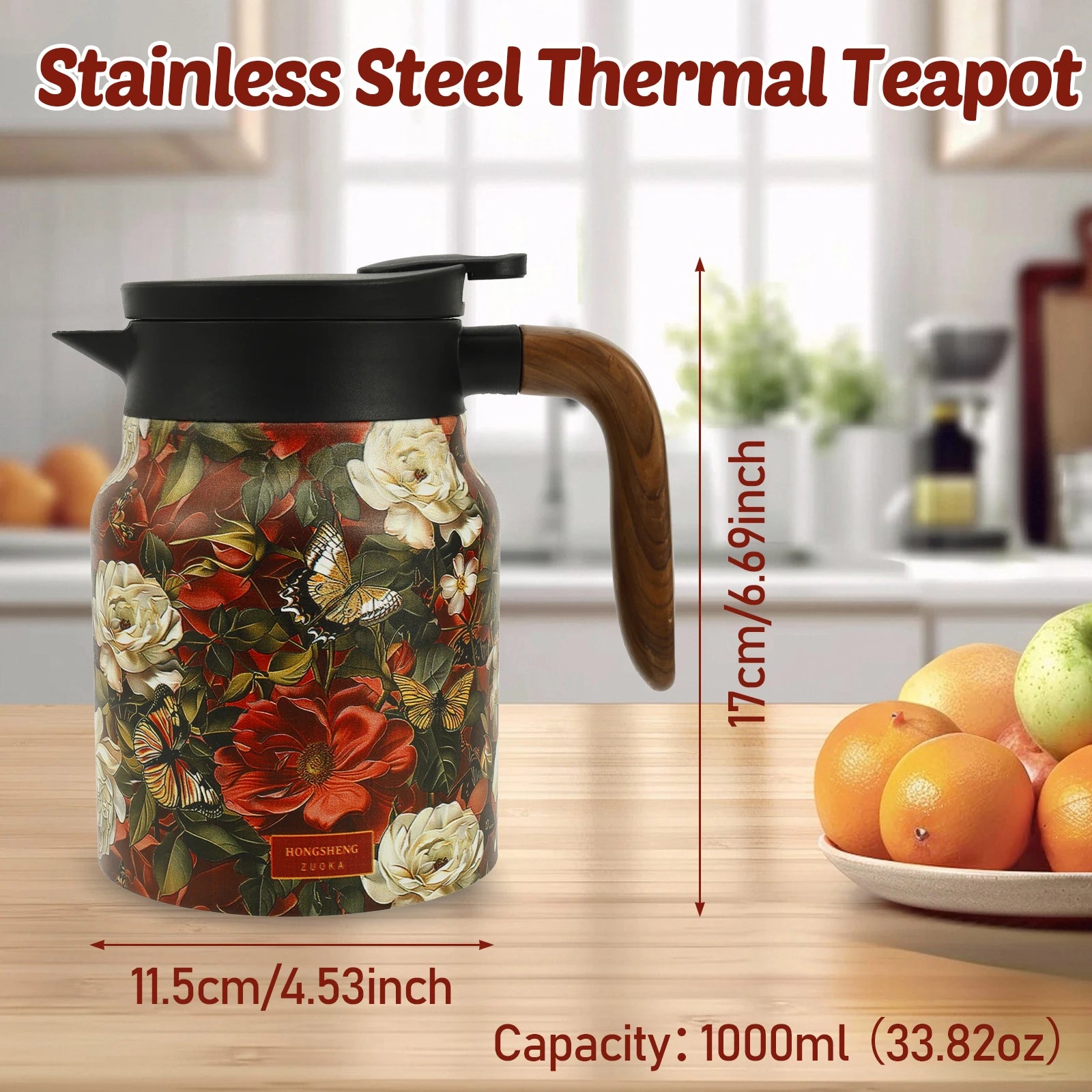 Théière isotherme vintage motif floral acier infuseur thermostat