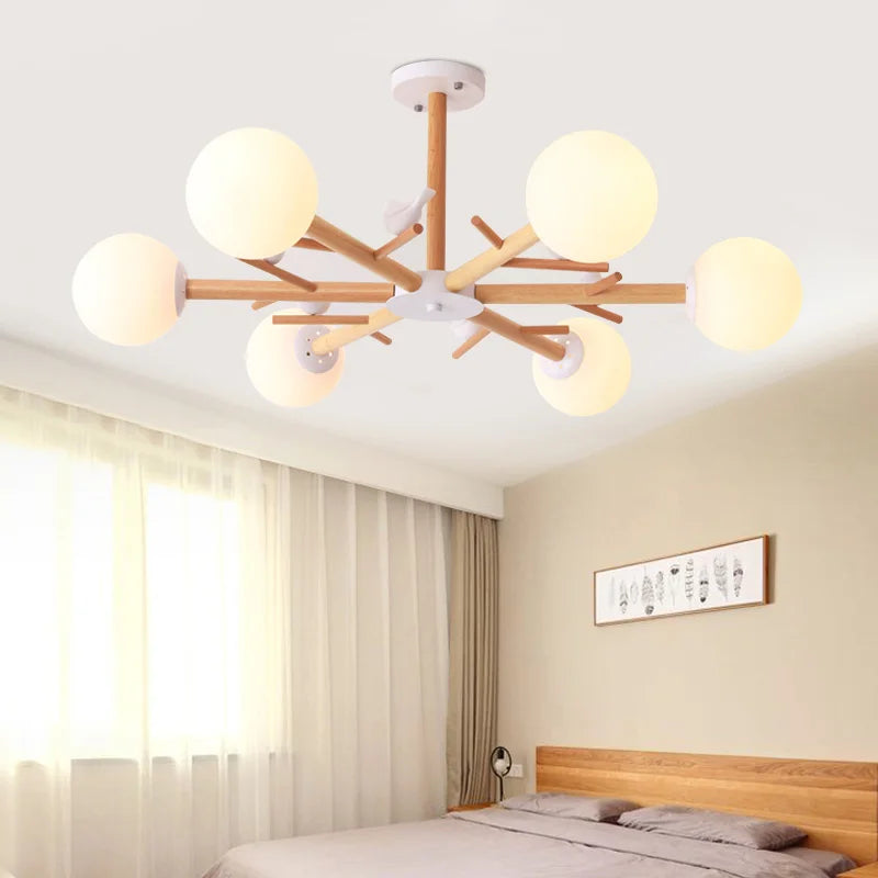 lustre en bois naturel avec abat-jour rond en verre moderne