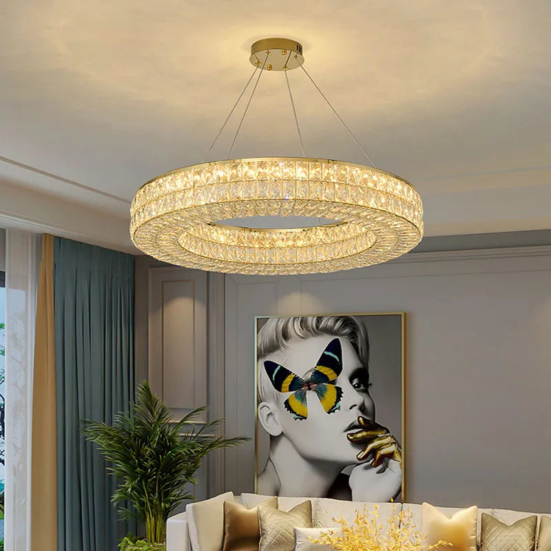 Lumière moderne luxe doré rond plafond lustre en cristal salon intérieur créatif anneau lumière LED lumineuse lustre