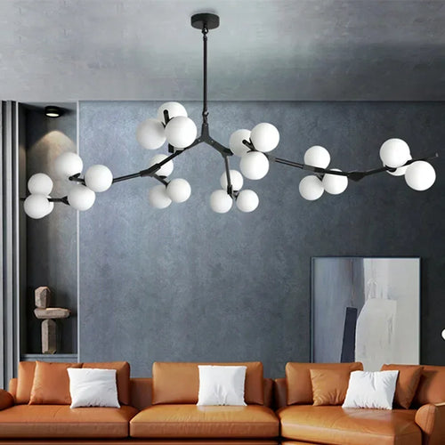 lustre moderne led avec branches d'arbre et boules de verre