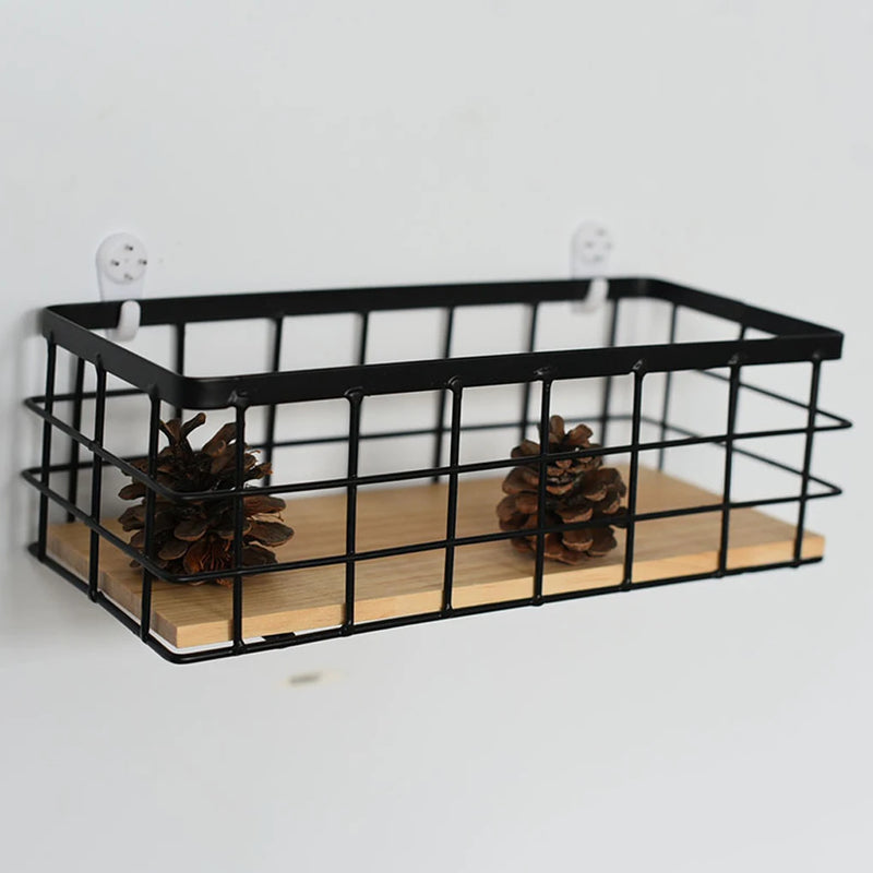 panier de rangement suspendu en métal et bois pour cosmétiques