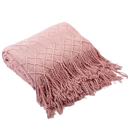 plaid tricot léger à carreaux avec pompons décoratif