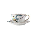 Tasses et soucoupes motifs fleurs oiseaux céramique main