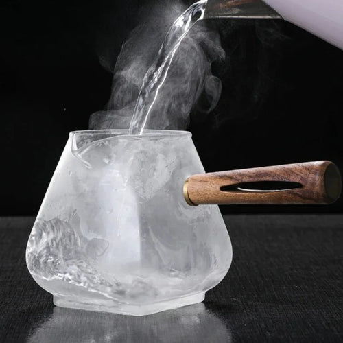 Theiere verre borosilicate poignée bois résistante chaleur