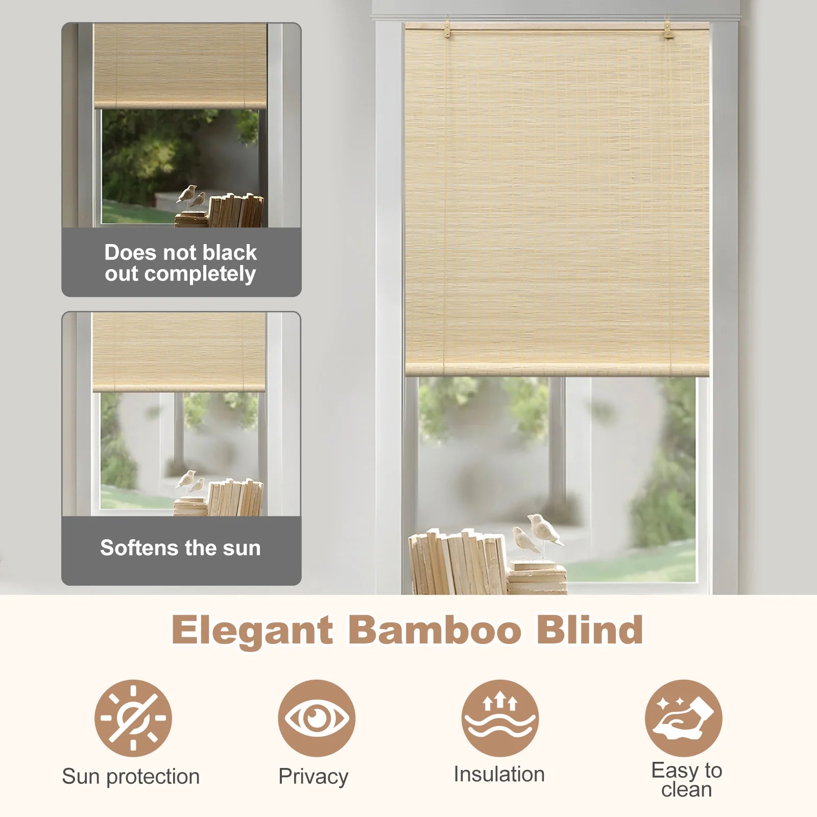 Store enrouleur bambou filtrant ventilation pour fenêtre salon - vue 2 sur 6
