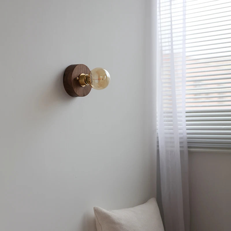 Applique murale vintage japonaise en bois et cuivre avec interrupteur à chaîne