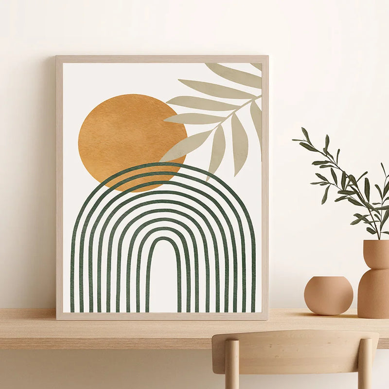 art mural abstrait boho avec lune fleur et arc-en-ciel