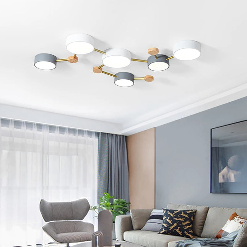 plafonnier nordique led bois macaron 3-8 têtes éclairage décoratif