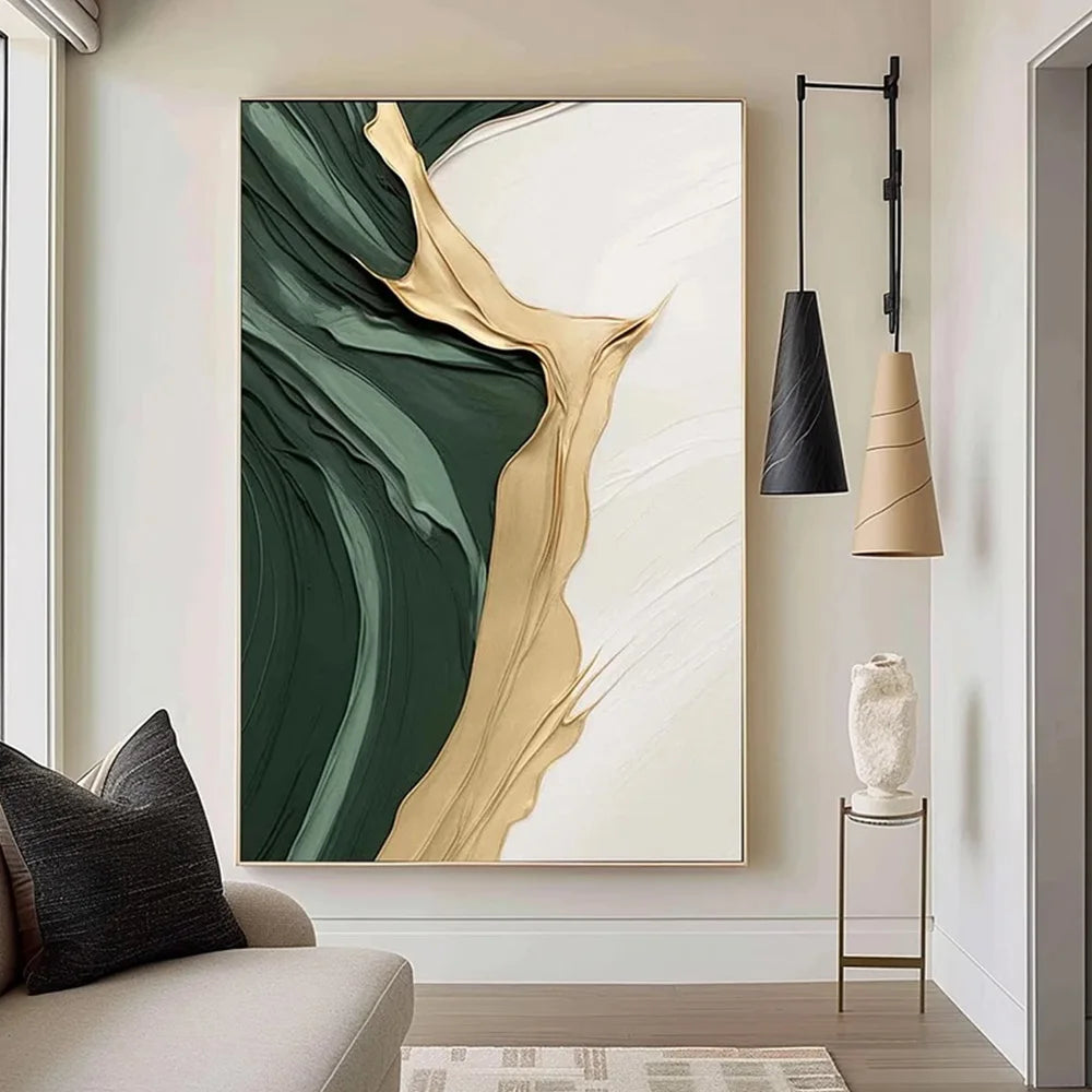 toile abstraite minimaliste 3D dorée et verte pour décoration intérieure