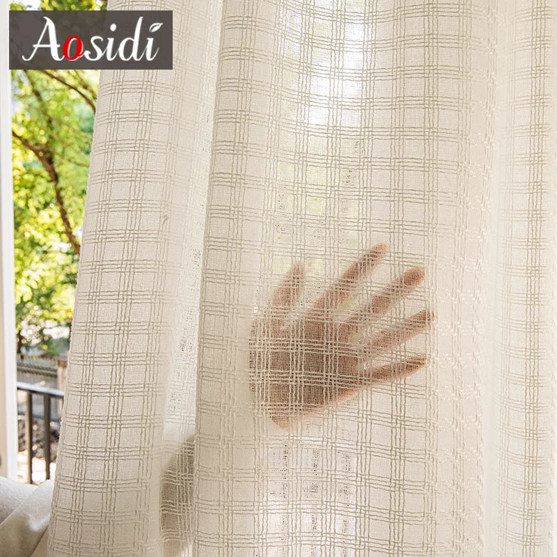 Voilage aspect lin a carreaux pour fenetre salon