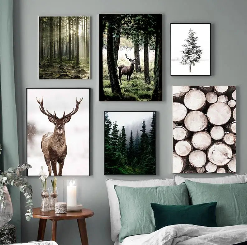 hiver forêt cerf hibou paysage nordique toile décorative murale - vue 3 sur 7