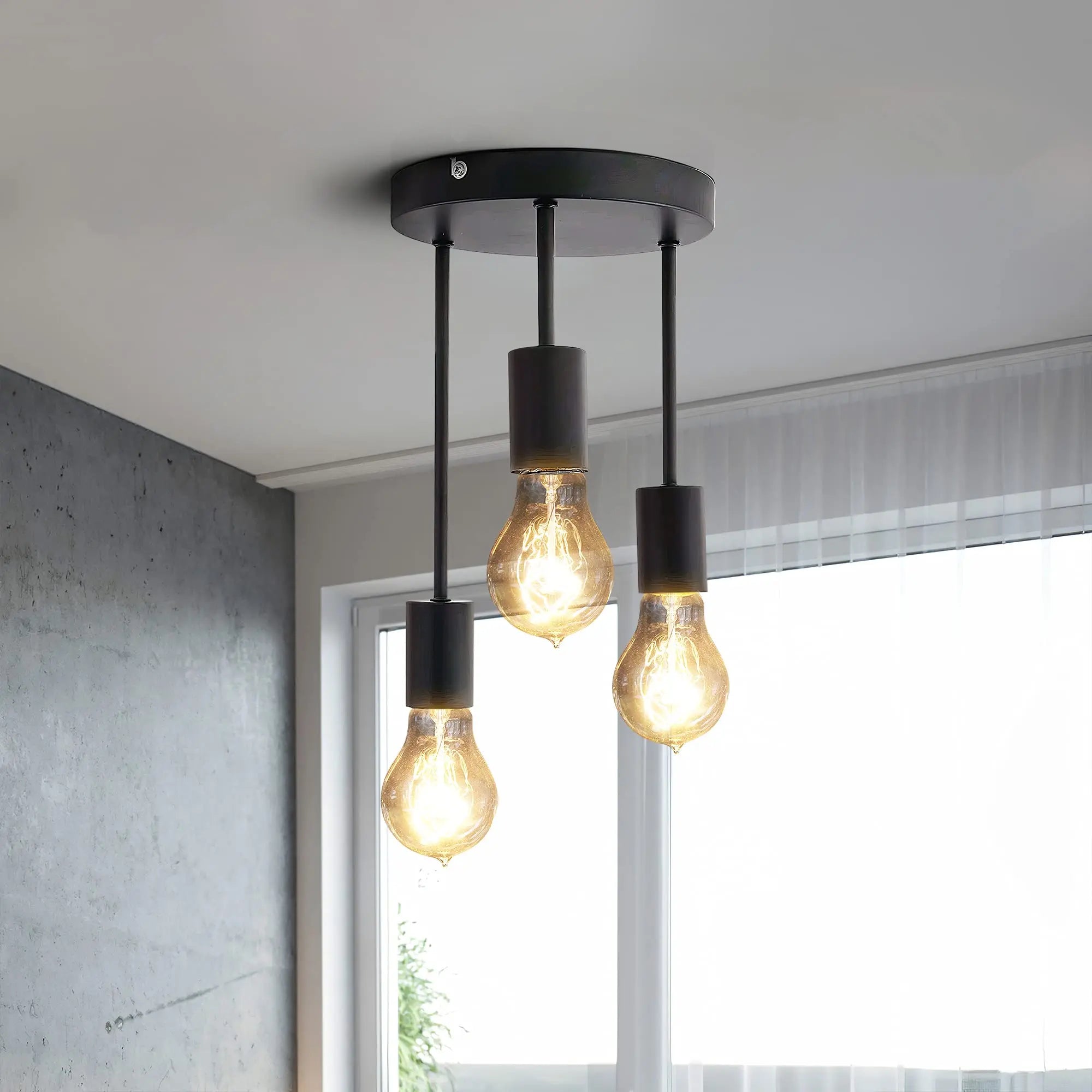 Grensk Plafonnier Industriel Noir 3 Têtes Ampoules Luminaire Vintage Pour Cuisine Balcon Porche Salon - vue 3 sur 10
