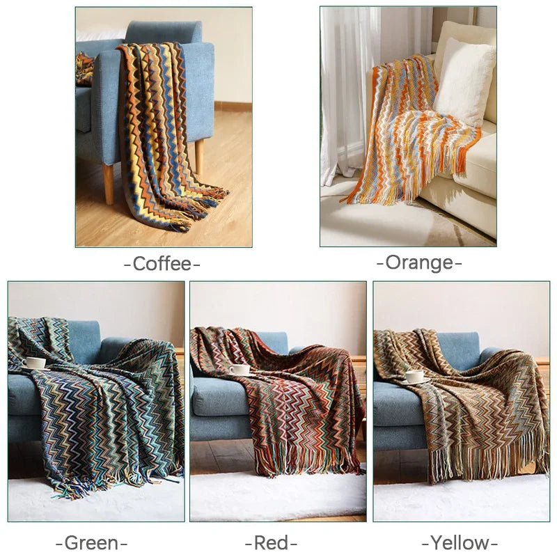 Plaid bohème tricoté à pompons pour canapé lit - vue 6 sur 6