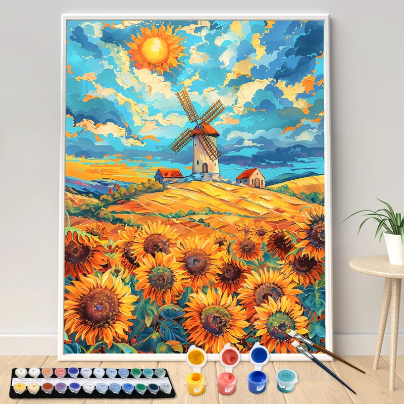 kit peinture par numéro champ de tournesols moulin à vent décoration artisanale