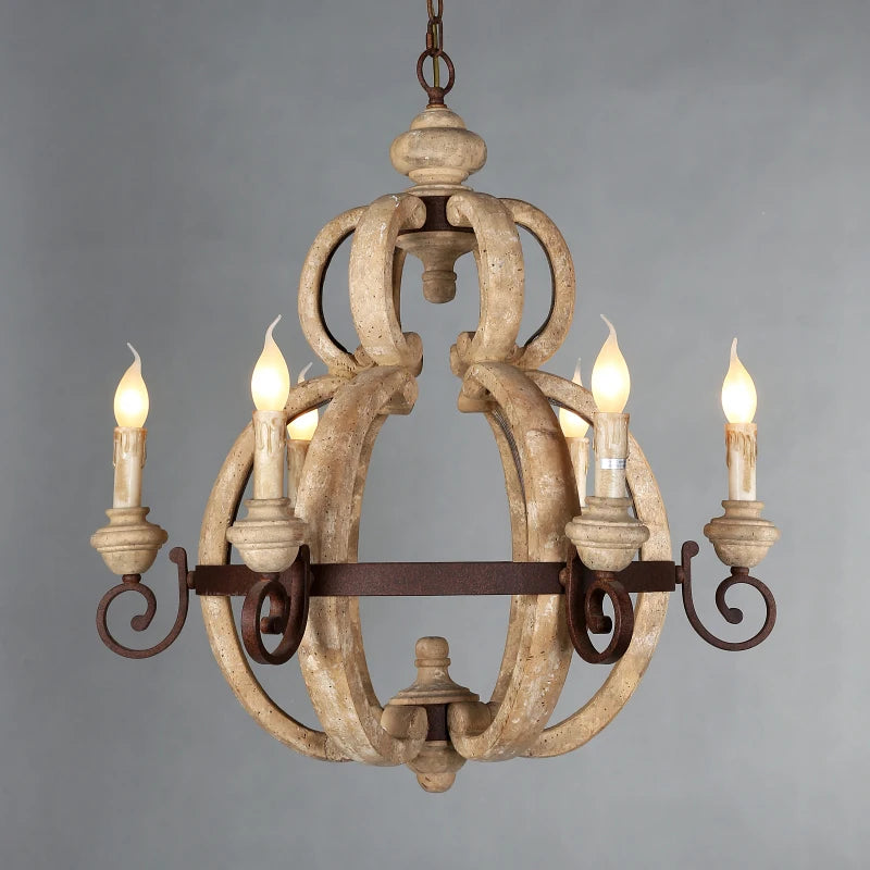 lustre rustique en bois vintage à 6 lumières design français - vue 6 sur 7