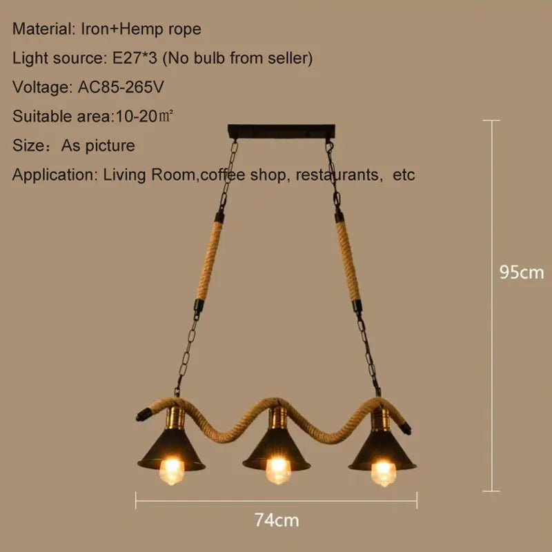 lustre industriel vintage à trois têtes en corde de chanvre