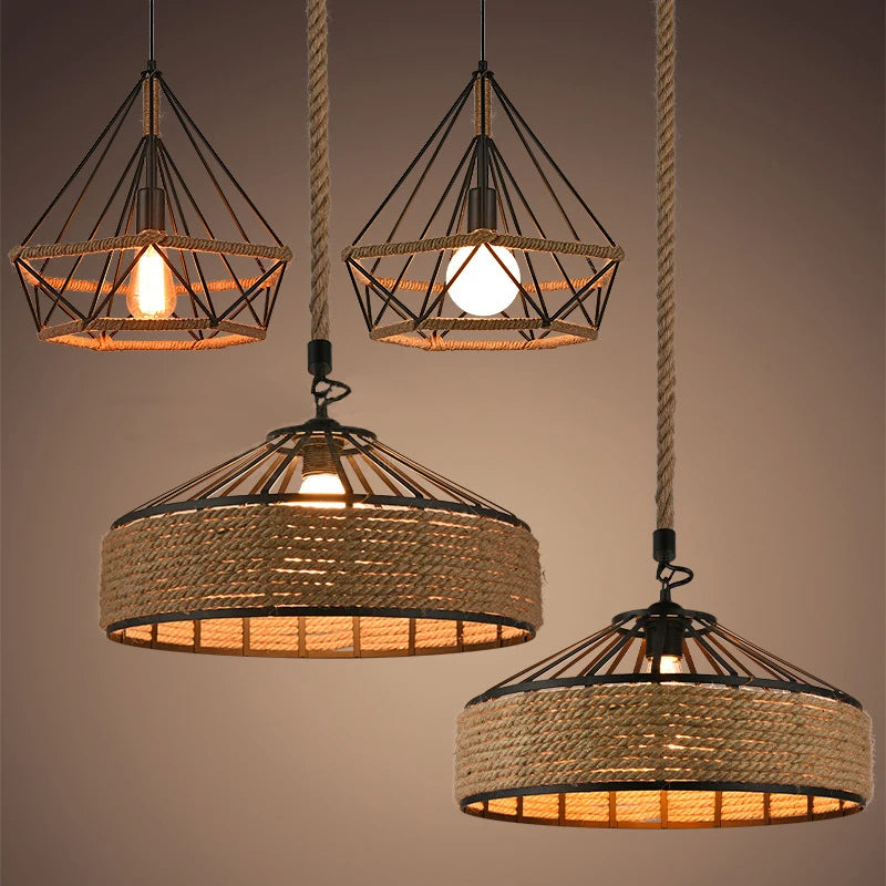 Sisal chanvre corde suspension plafonnier Lustre suspendu Lustre fer main tressage rustique rétro pour salle à manger décor
