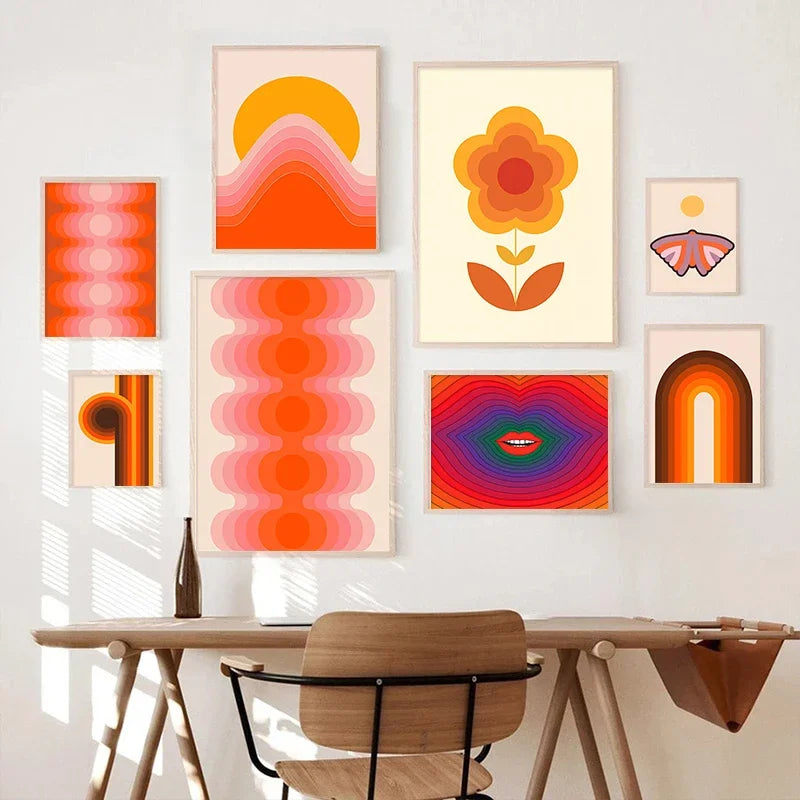 impressions d'art rétro coucher de soleil fleurs papillon décor mural boho