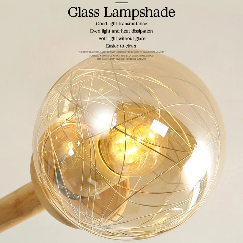 lustre moderne en bois avec abat-jour en verre pour décoration maison - vue 5 sur 10