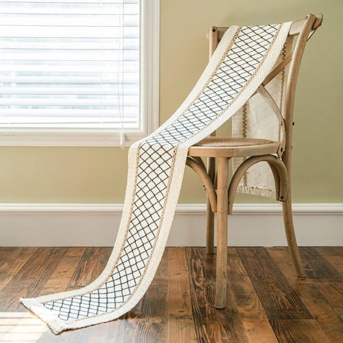 Chemin de table bohème coton lin pompons beige