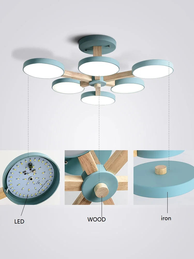lustre moderne en bois avec luminaire led pour décoration maison