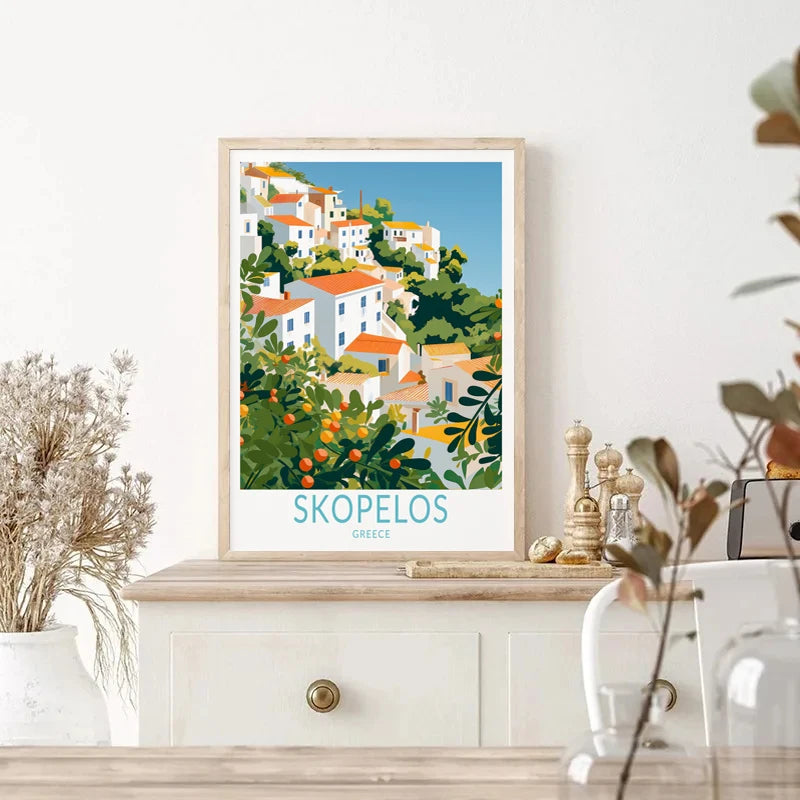 affiche rétro de voyage avec château et île de santorin