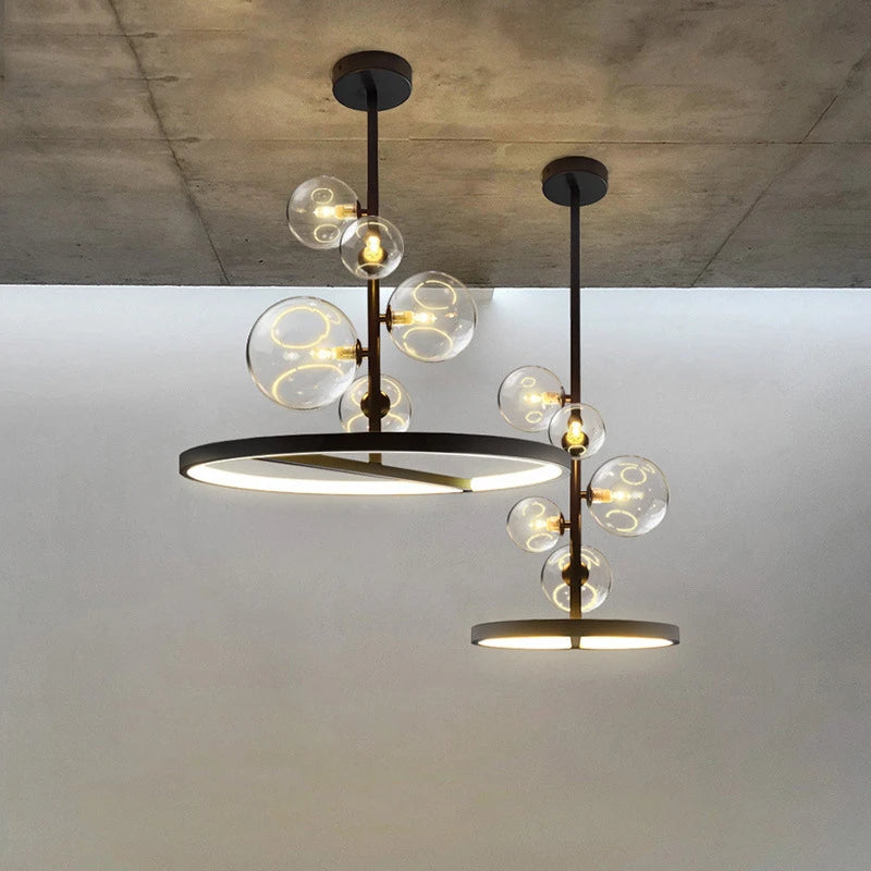 lustre moderne en verre transparent avec bulles en métal