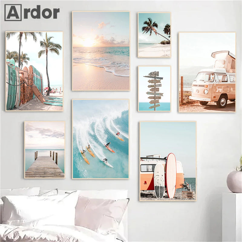 affiche de lever de soleil sur plage et vagues modernes