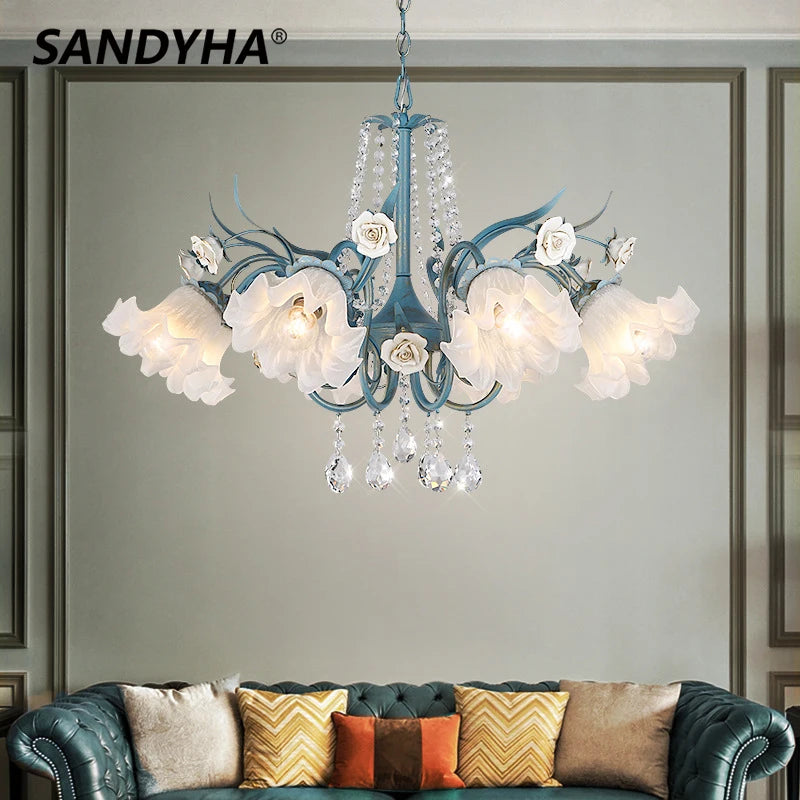 SANDYHA moderne suspension lumières français pastorale fleurs verre cristal Lustre salon salle à manger décor à la maison Lustre Design Luxe