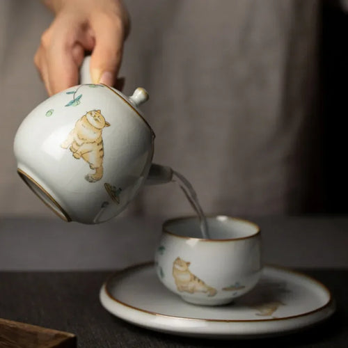 Théière ru kiln artisanale motif chat poignée latérale