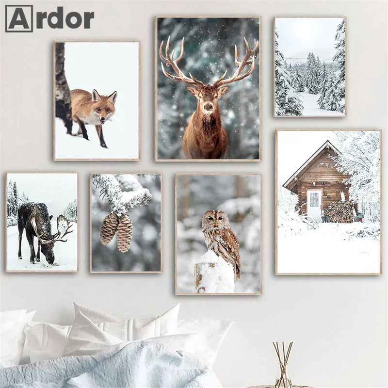 peinture murale forêt enneigée avec animaux nordiques décorative