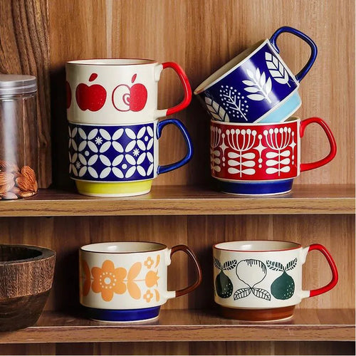 Ensemble tasses japonaises motifs floraux style retro ceramique