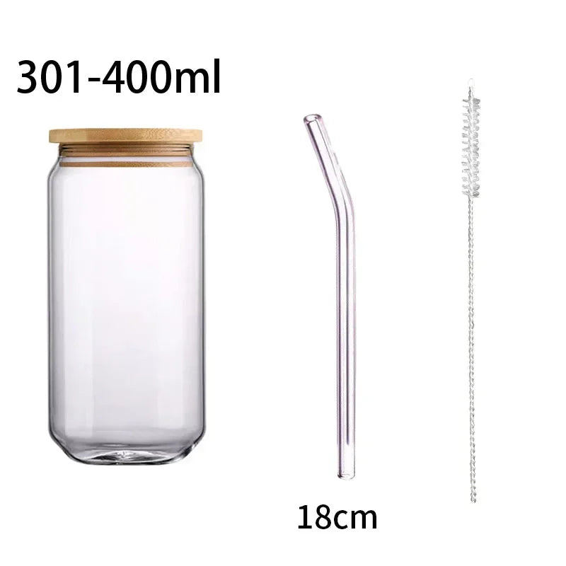 Tasse verre forme canette couvercle bambou paille